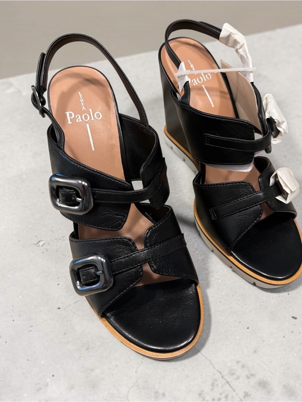 Paolo Black Leather Buckle Wedge Sandals